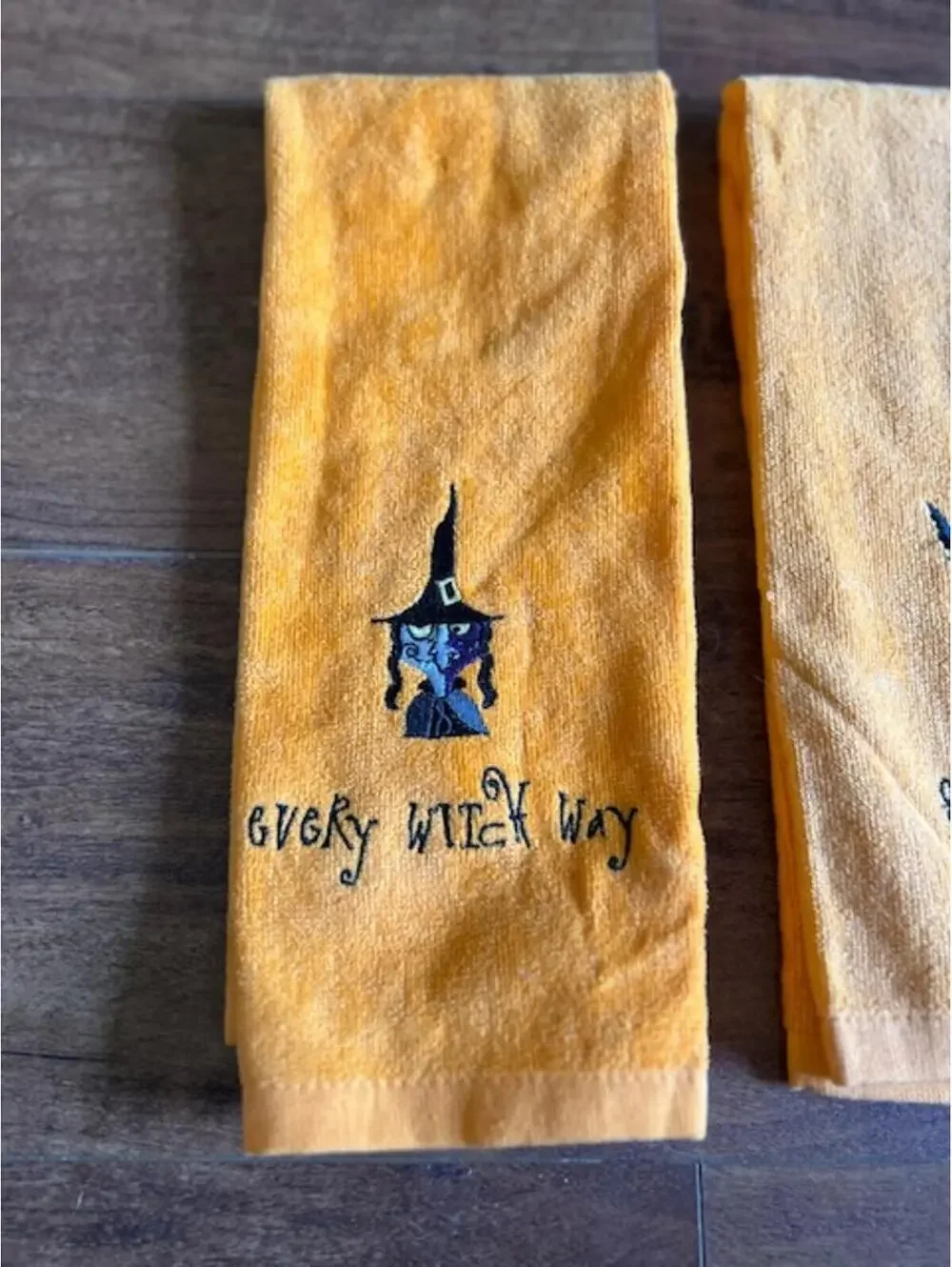 Halloween Themed Kitchen Towels Set of 2 - Witch and Black Cat Embroidery